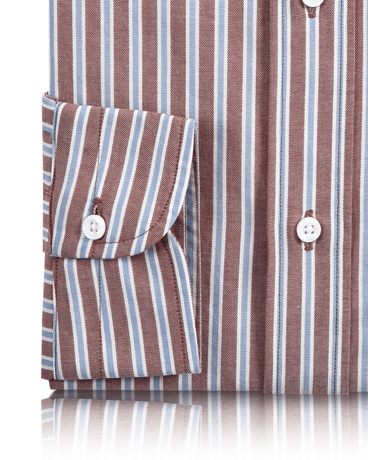 Cuff of the custom oxford shirt for men by Luxire with blue white and rust stripes