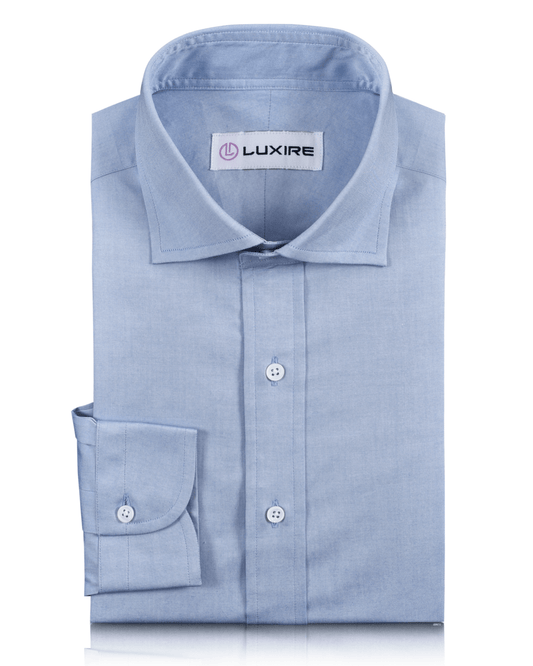 Front of the custom oxford shirt for men by Luxire in sky blue pinpoint