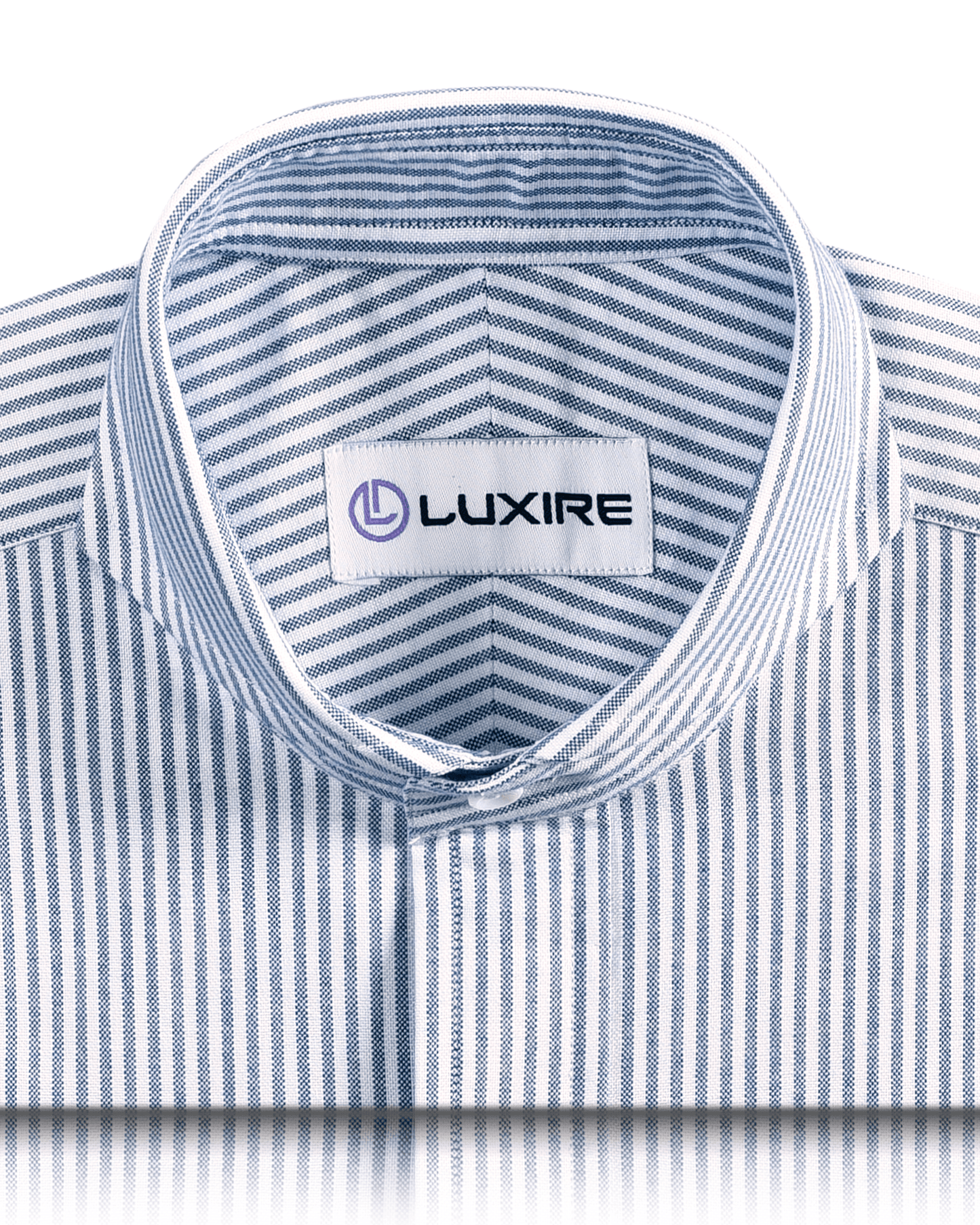 Collar of the custom oxford shirt for men by Luxire in white with blue university stripes