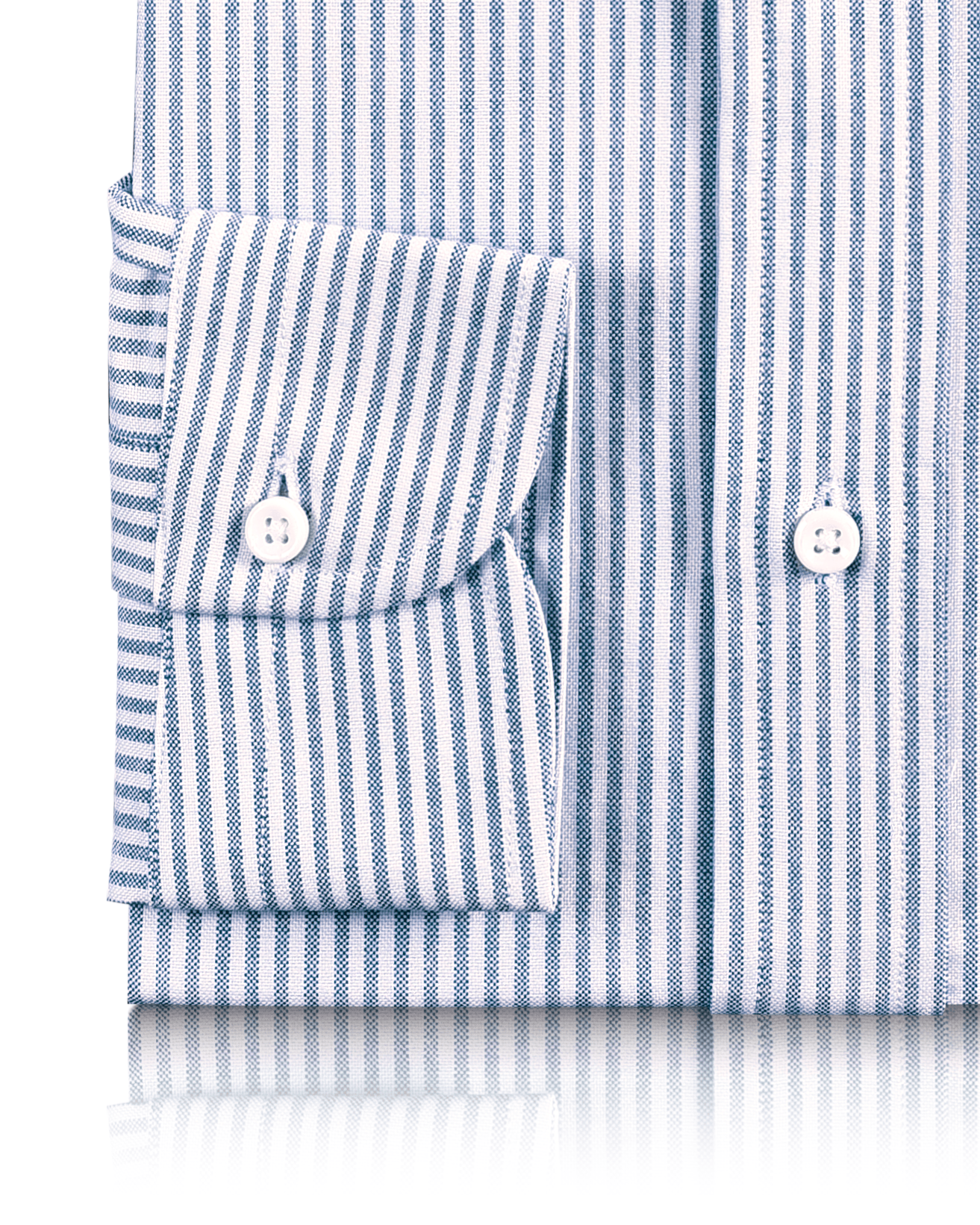 Cuff of the custom oxford shirt for men by Luxire in white with blue university stripes