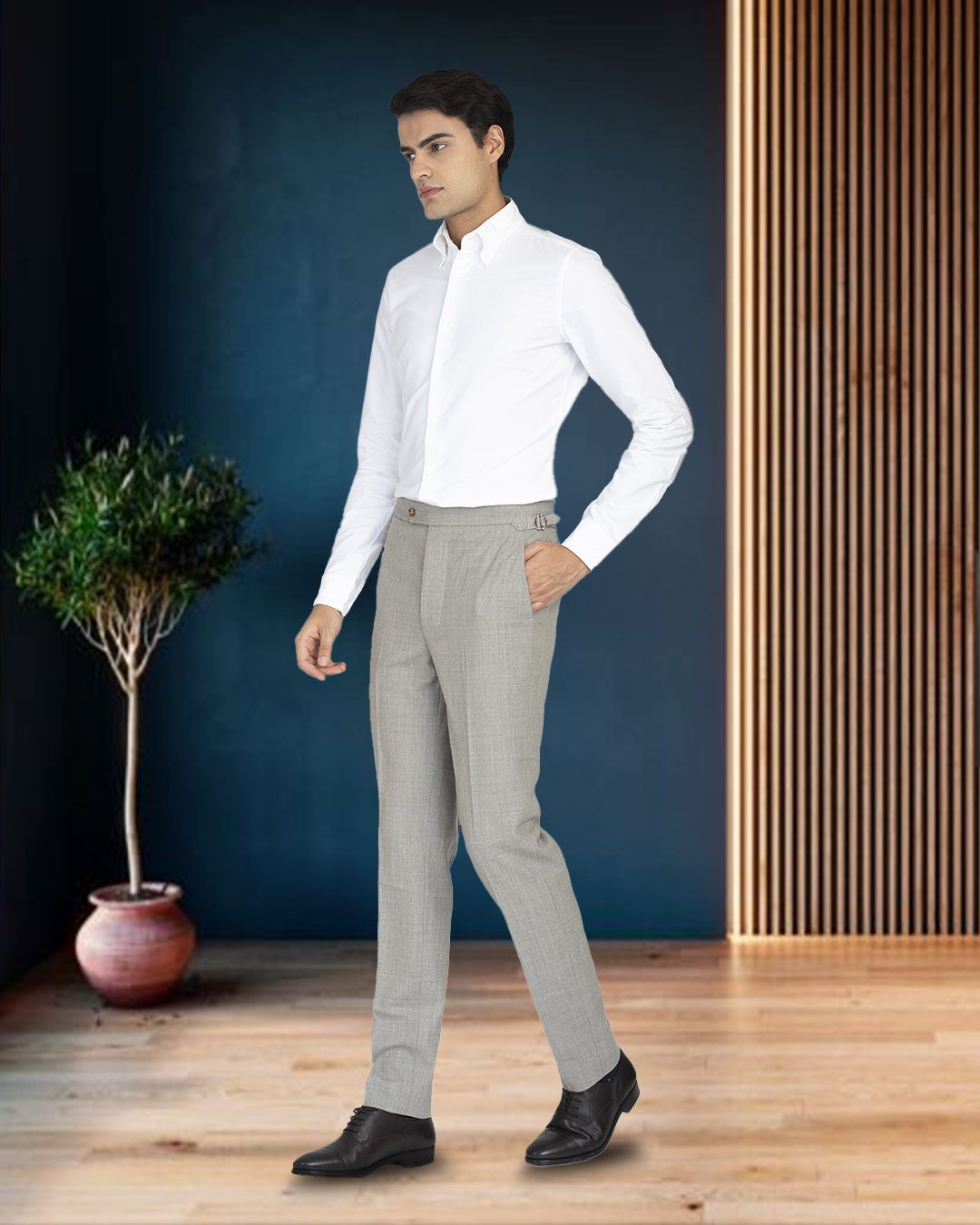 Model wearing the custom oxford shirt for men by Luxire in warzone white 3
