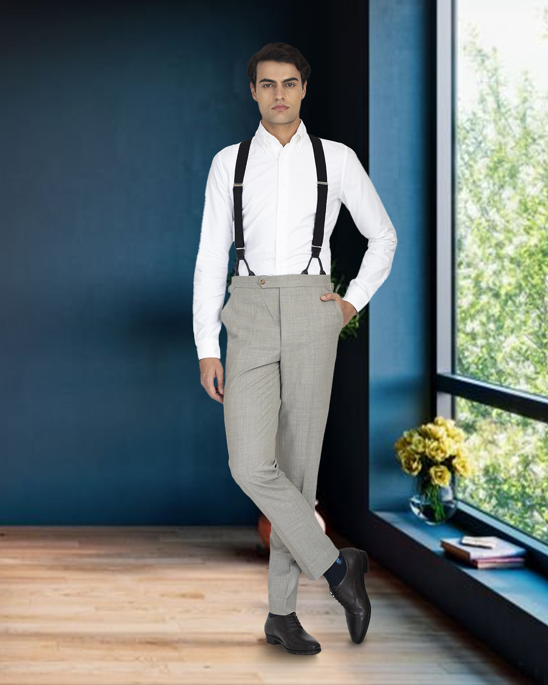 Model wearing the custom oxford shirt for men by Luxire in warzone white 9