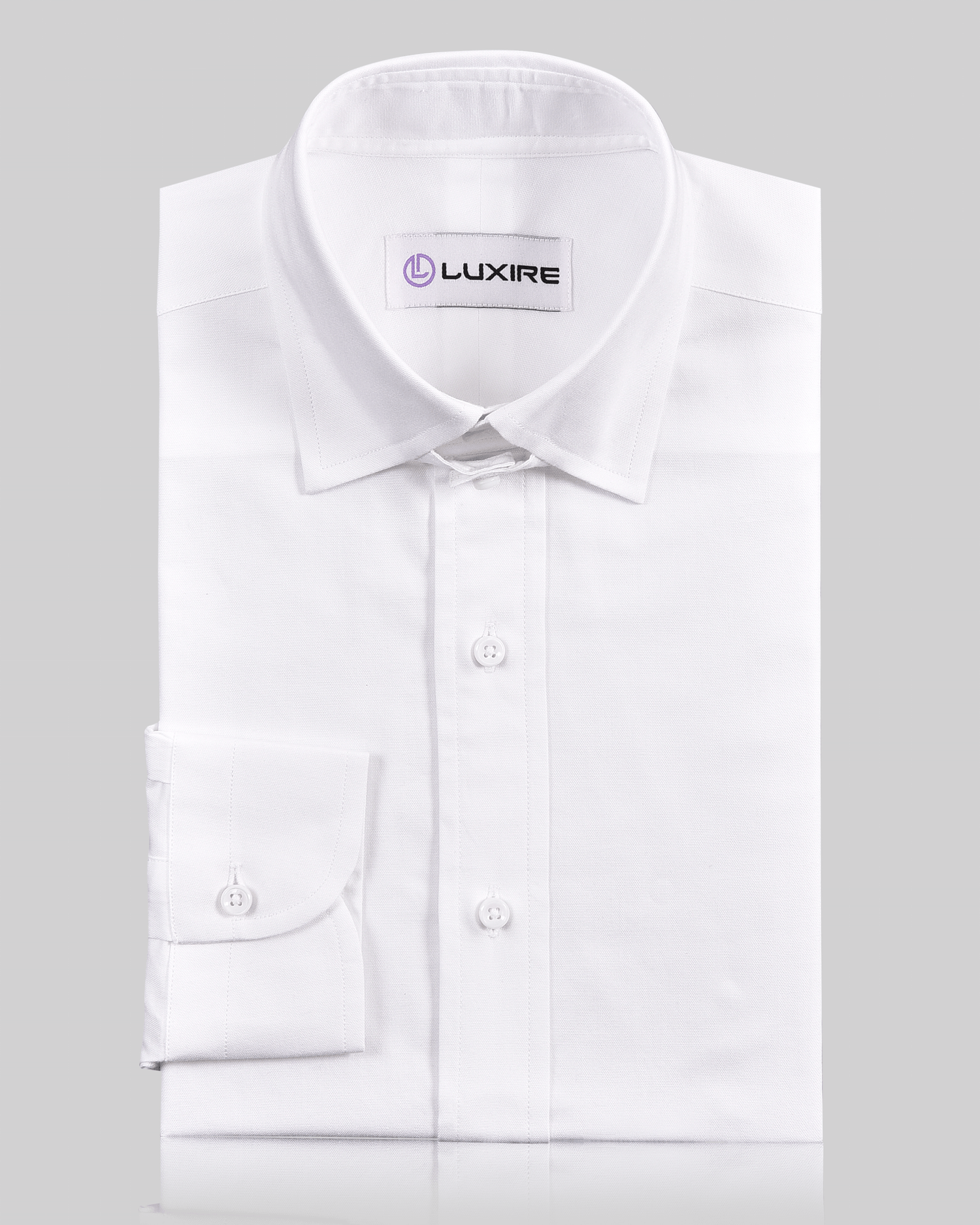 Front of the custom oxford shirt for men by Luxire in pinpoint white