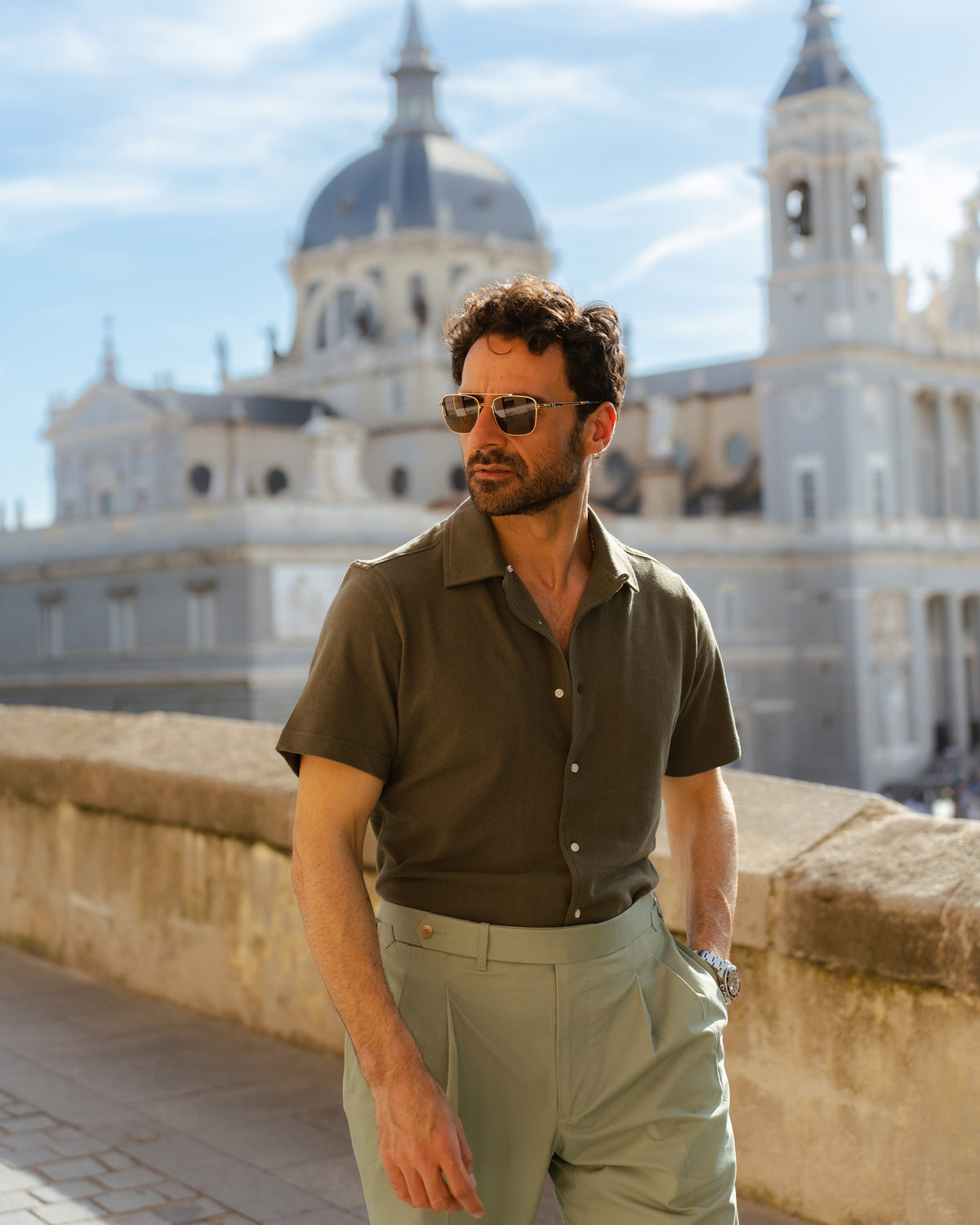Olive Green Linen Cotton Camp Collar T-Shirt - 16