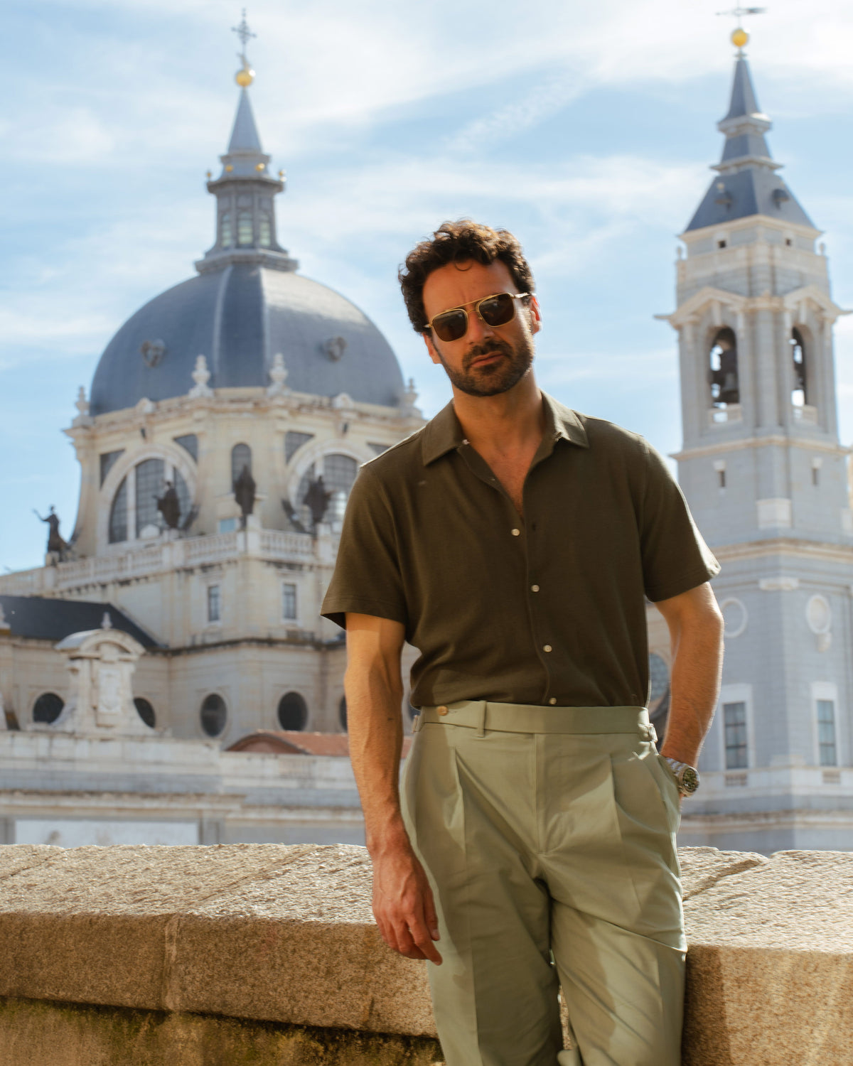 Olive Green Linen Cotton Camp Collar T-Shirt - 17
