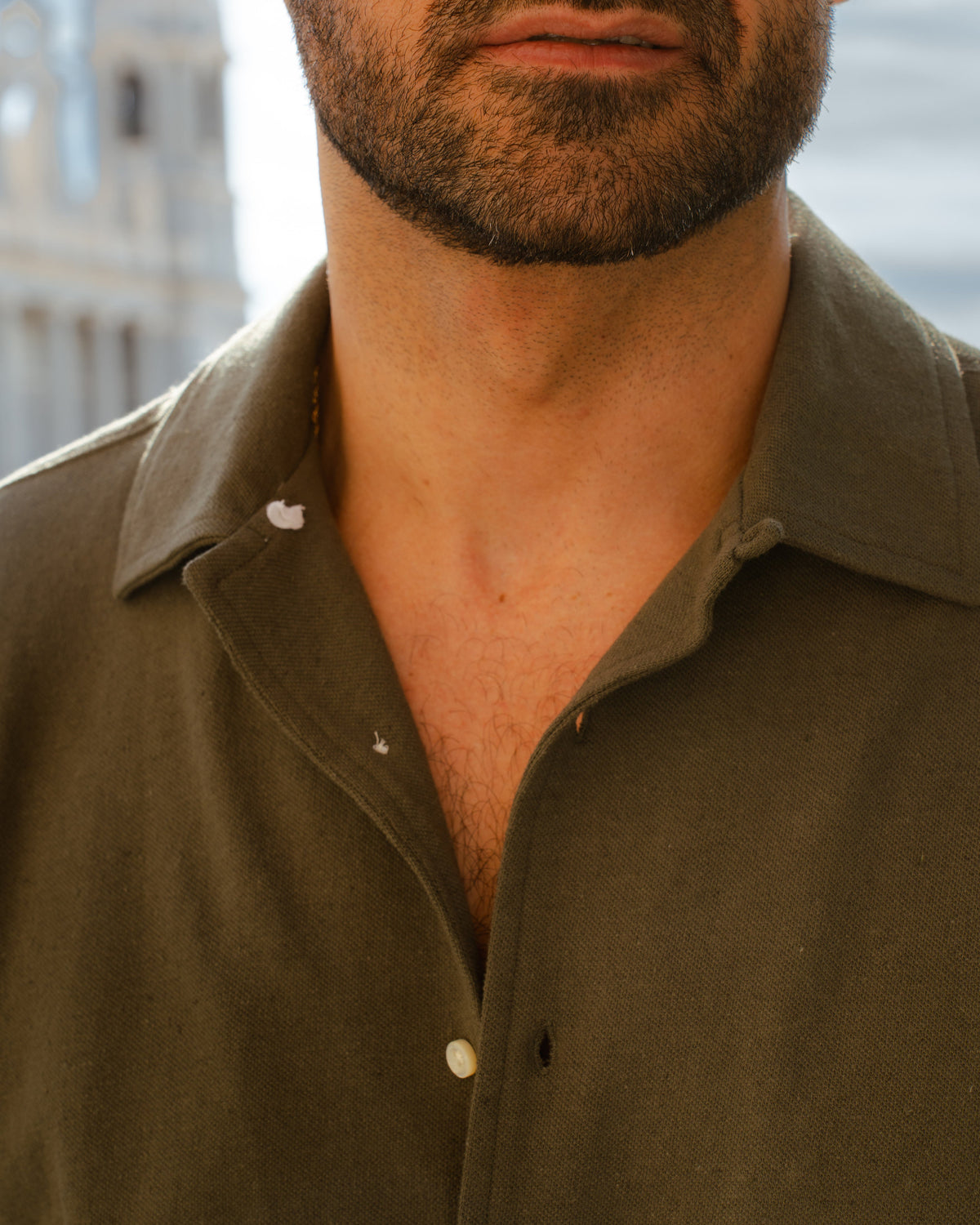 Olive Green Linen Cotton Camp Collar T-Shirt - 6