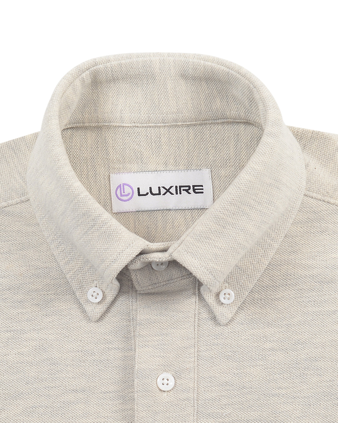 Collar of the custom oxford polo shirt for men by Luxire in cloud grey