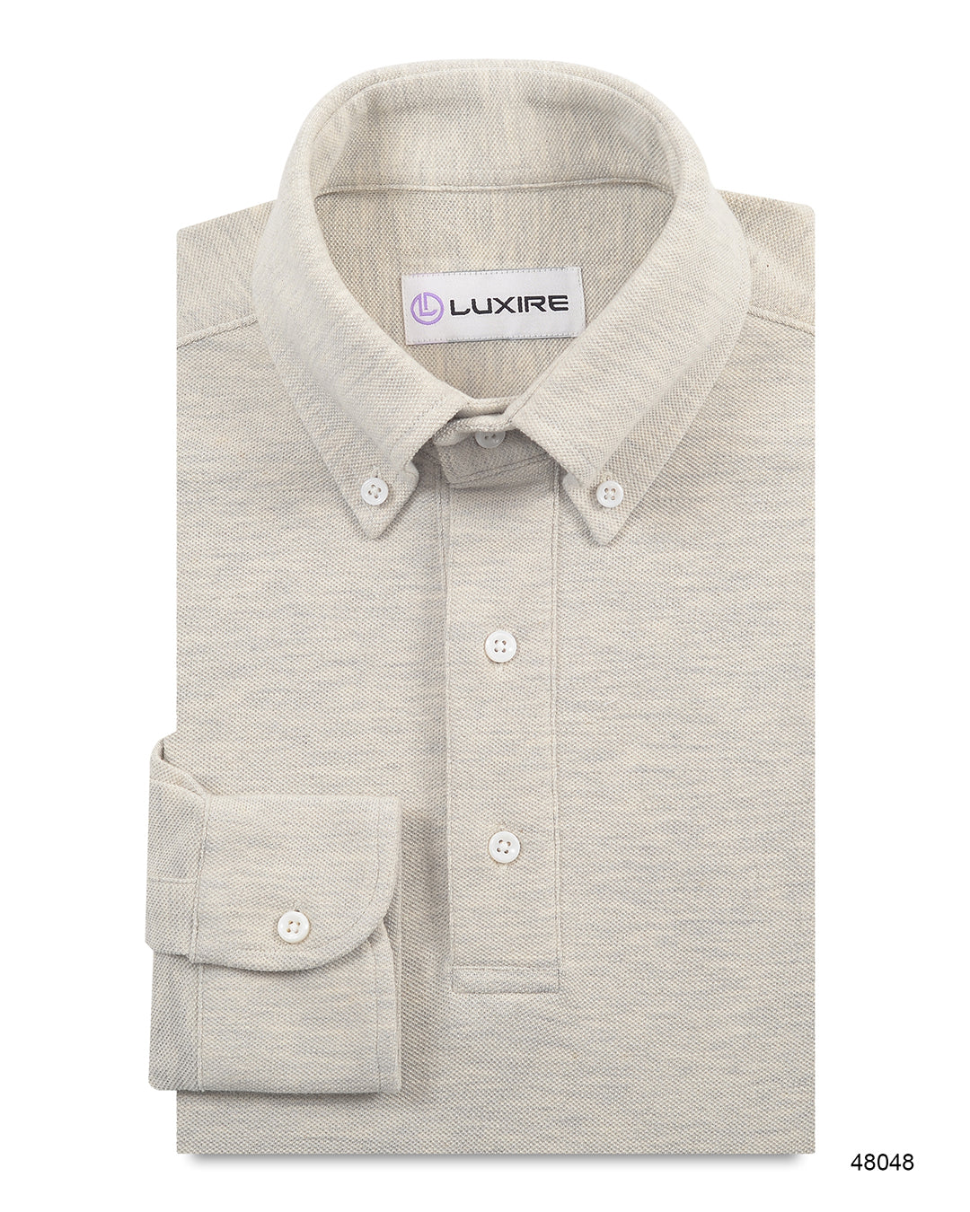 Front of the custom oxford polo shirt for men by Luxire in cloud grey