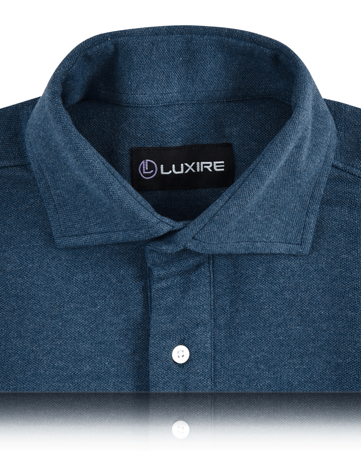 Collar of the custom oxford polo shirt for men by Luxire in dark blue grey