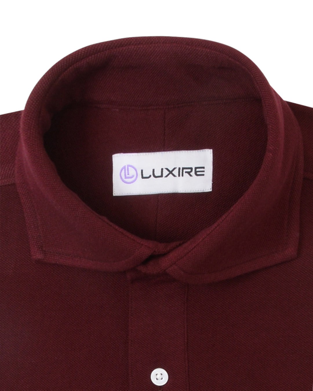 Collar of the custom oxford polo shirt for men by Luxire in deep maroon