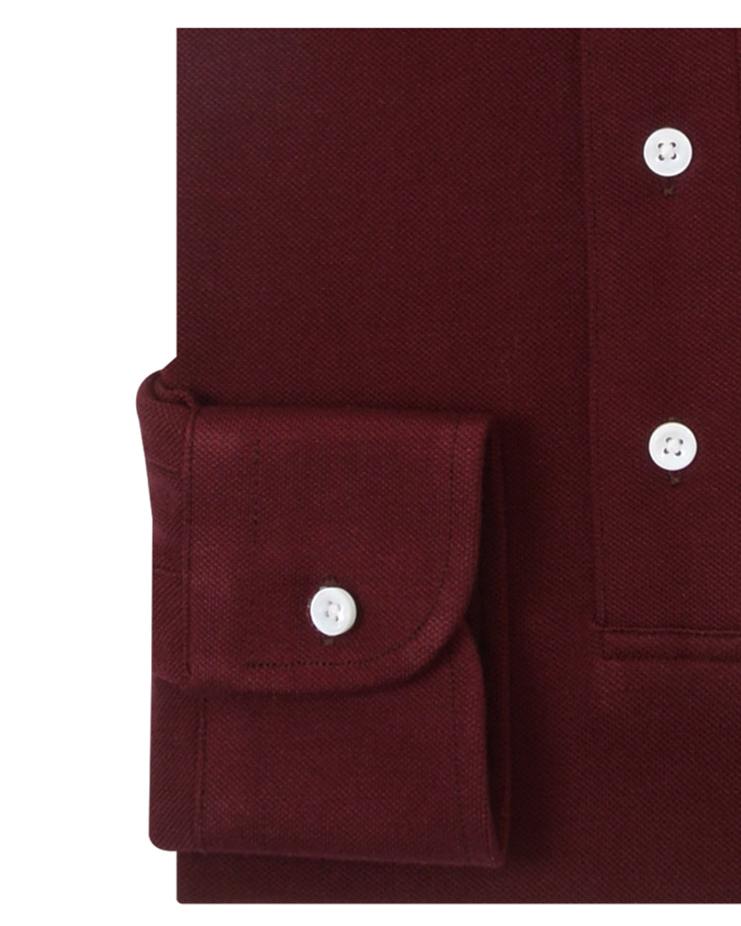 Cuff of the custom oxford polo shirt for men by Luxire in deep maroon