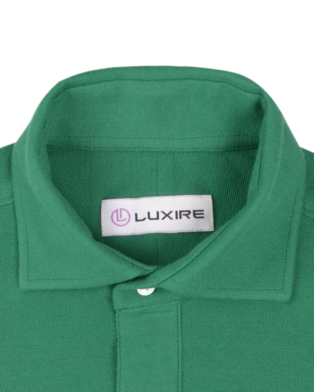 Collar of the custom oxford polo shirt for men by Luxire in emerald green
