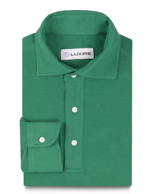 Front of the custom oxford polo shirt for men by Luxire in emerald green