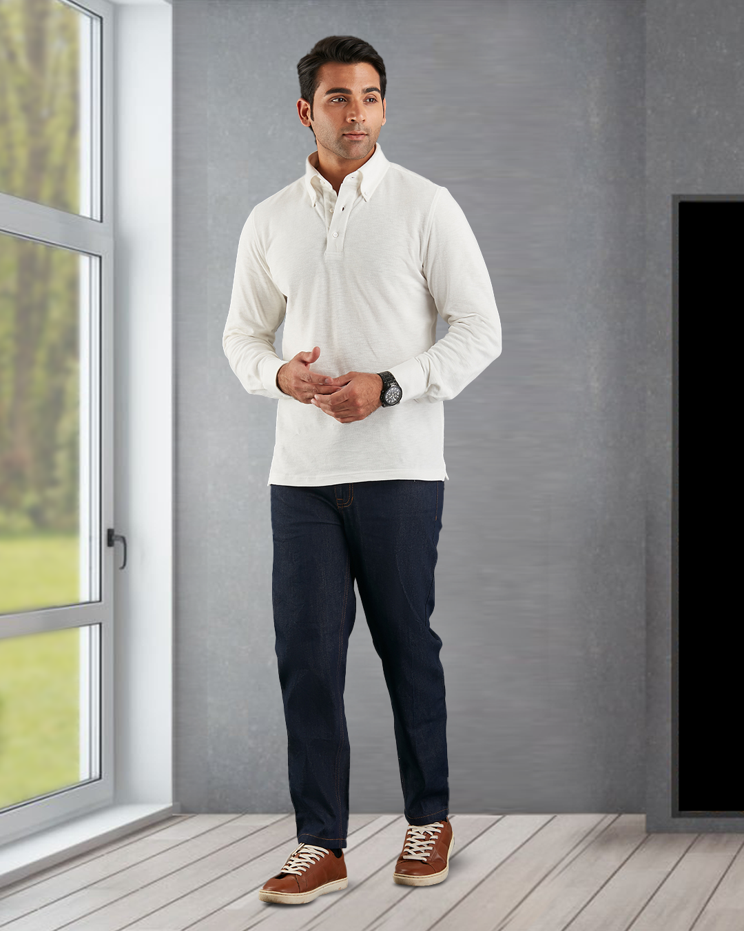 Model wearing the custom oxford polo shirt for men by Luxire in ivory white hands together