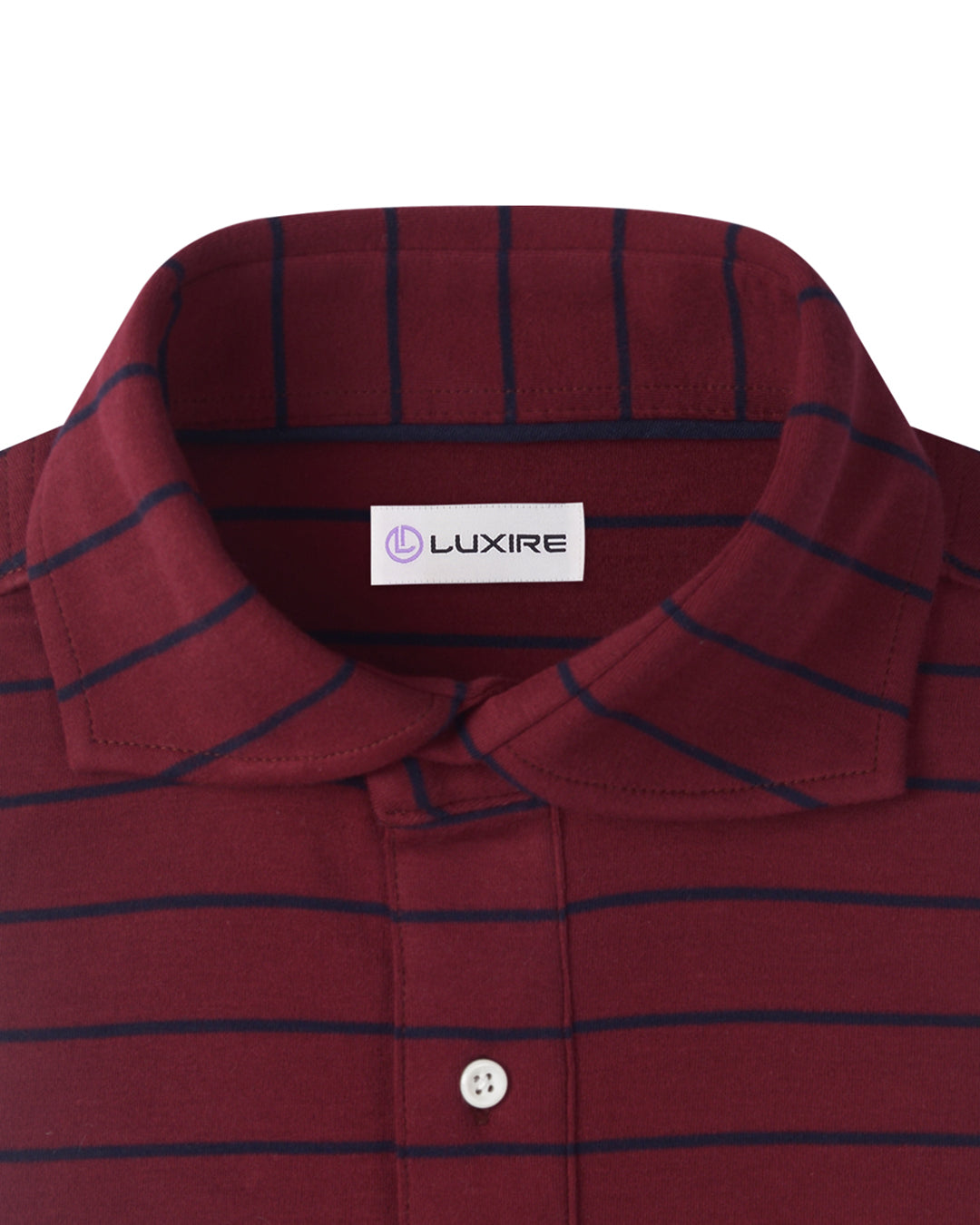 Collar of the custom oxford polo shirt for men by Luxire in maroon with navy stripes
