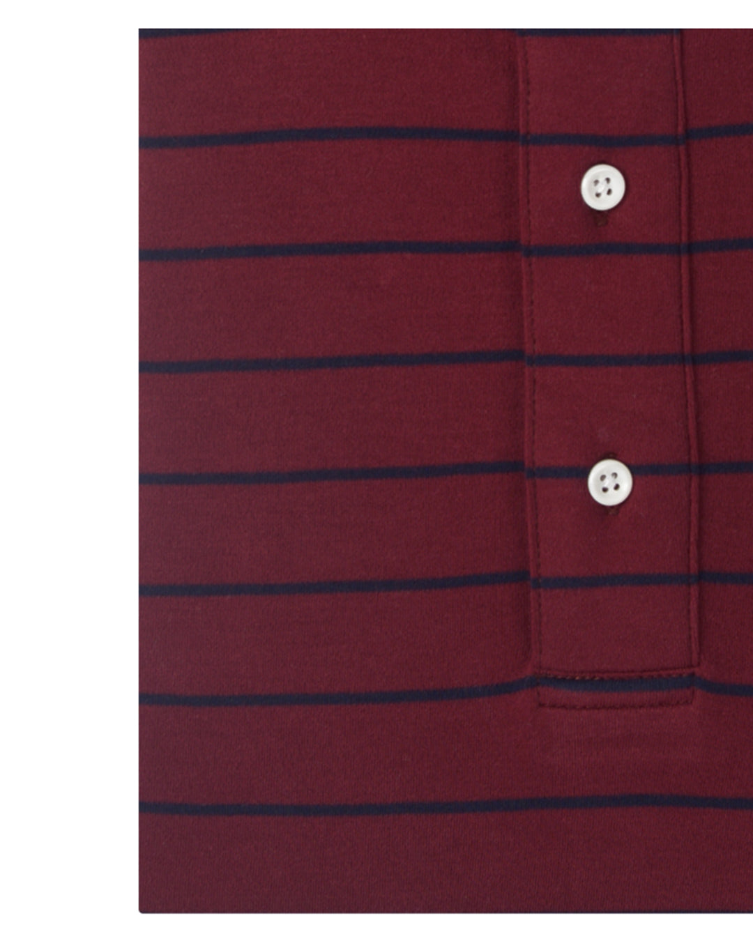 Close up of the custom oxford polo shirt for men by Luxire in maroon with navy stripes