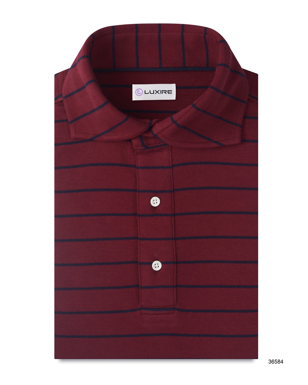 Front of the custom oxford polo shirt for men by Luxire in maroon with navy stripes