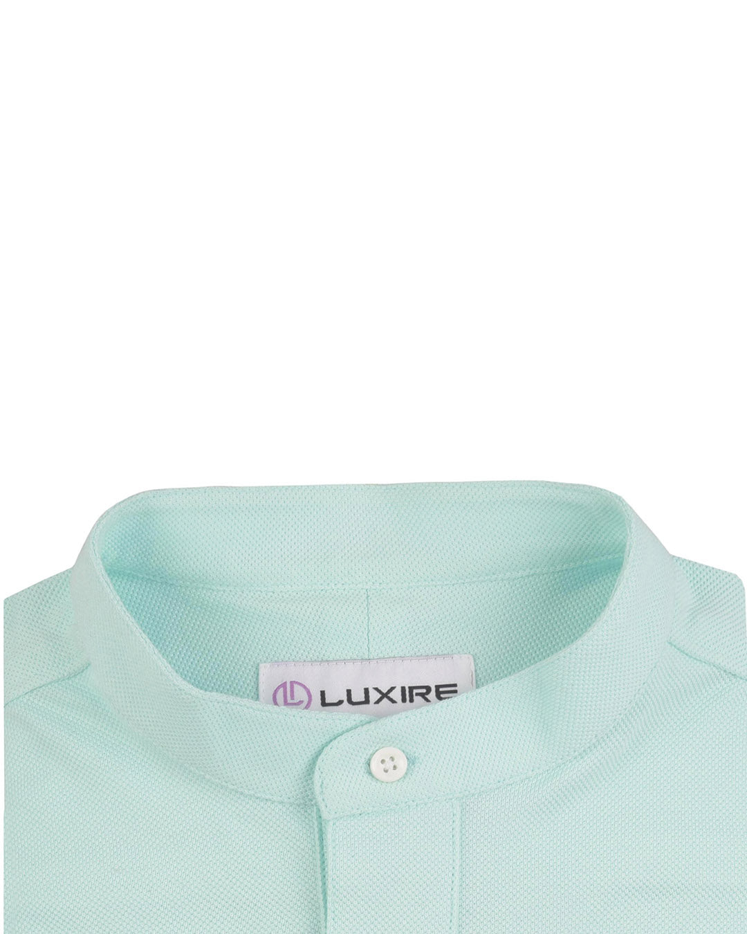 Collar of the custom oxford polo shirt for men by Luxire in mid blue
