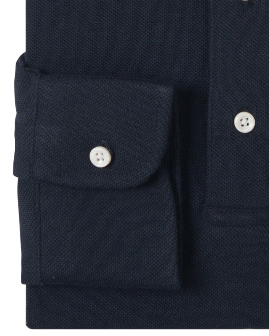 Close up of the custom oxford polo shirt for men by Luxire in navy