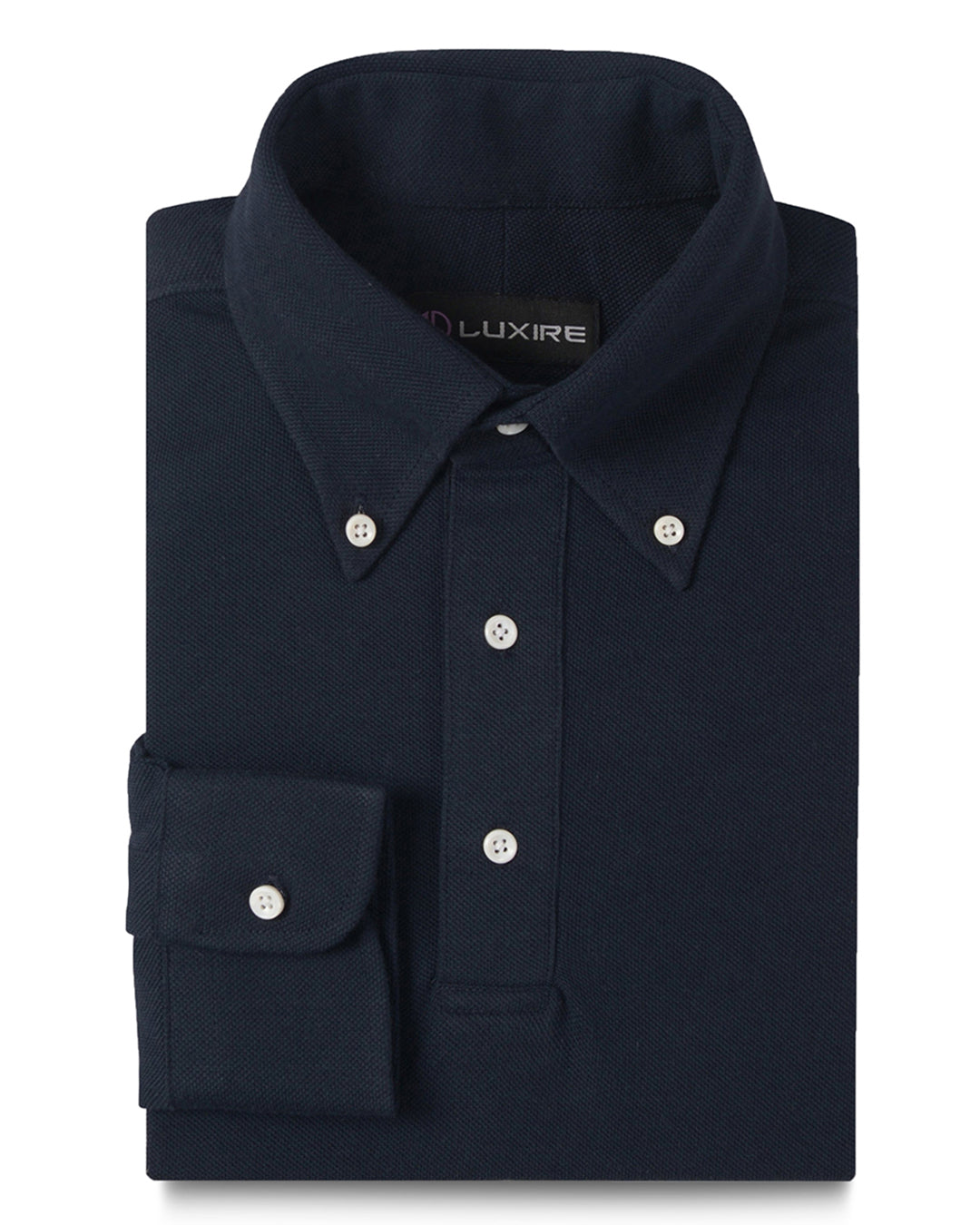 Front of the custom oxford polo shirt for men by Luxire in navy