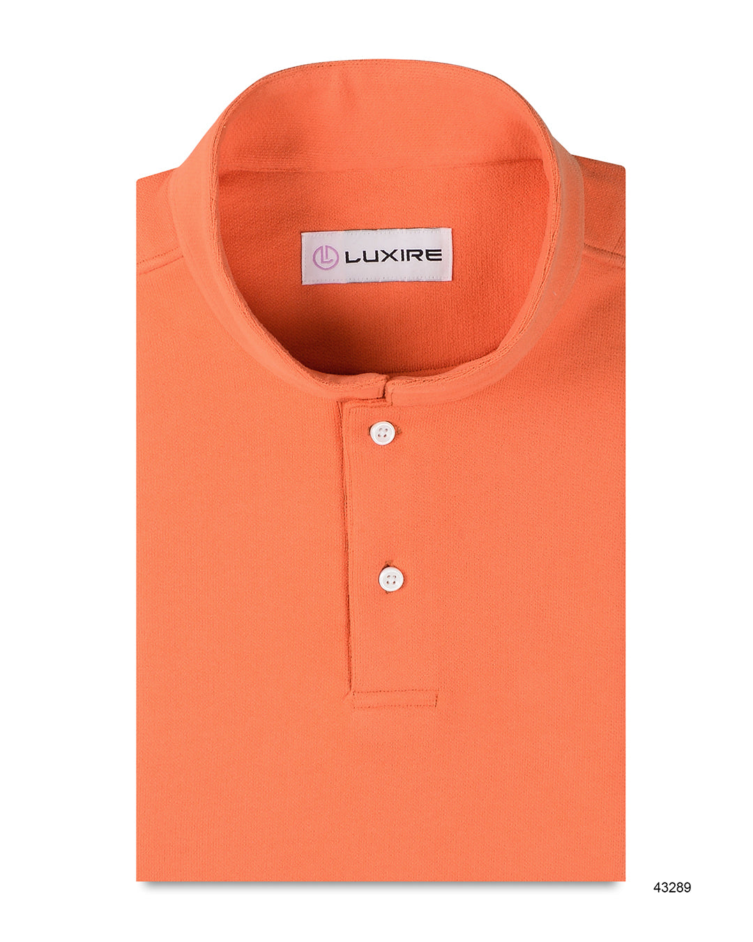 Front of the custom oxford polo shirt for men by Luxire in bright orange