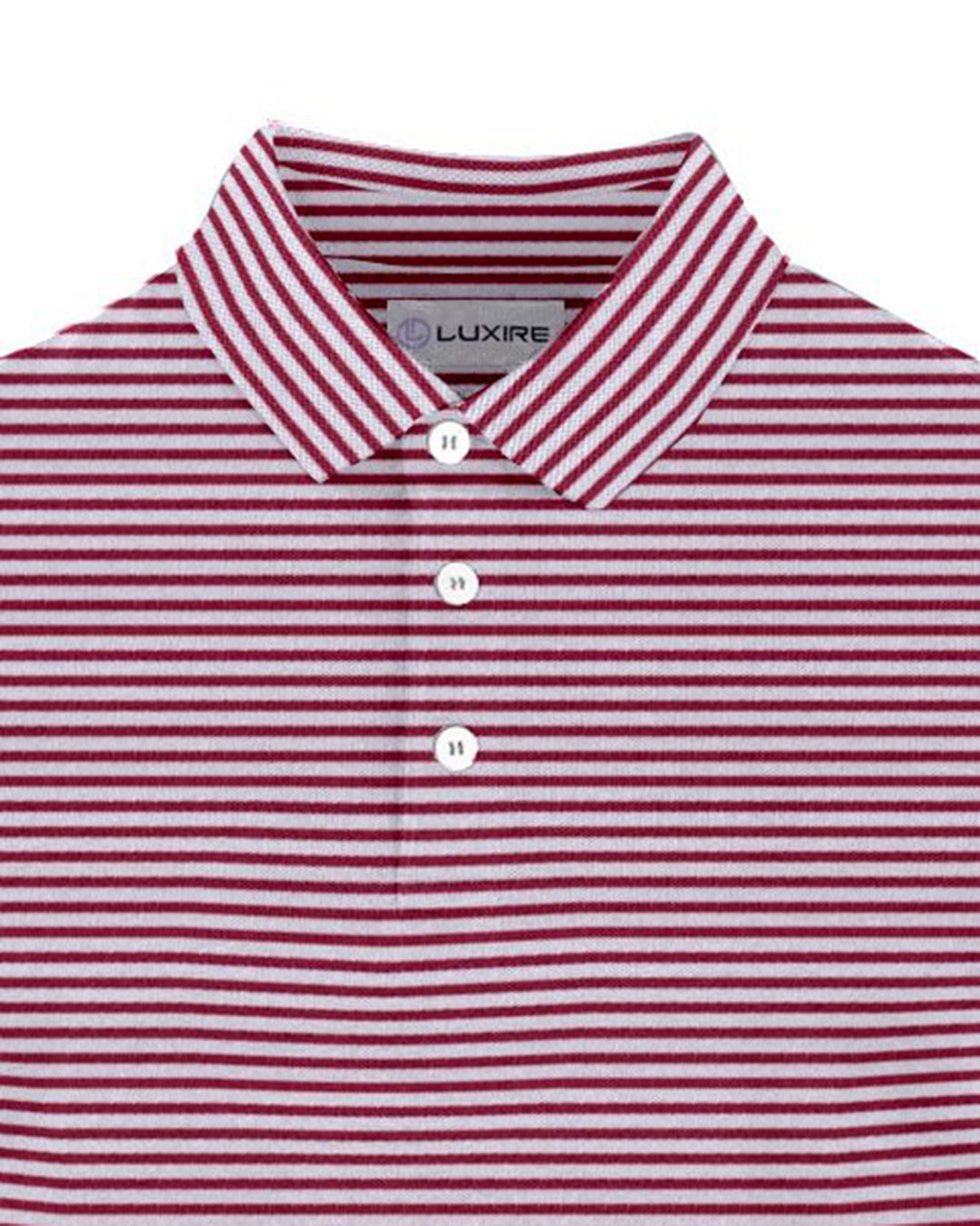 Collar of the custom oxford polo shirt for men by Luxire in white with red candy stripes