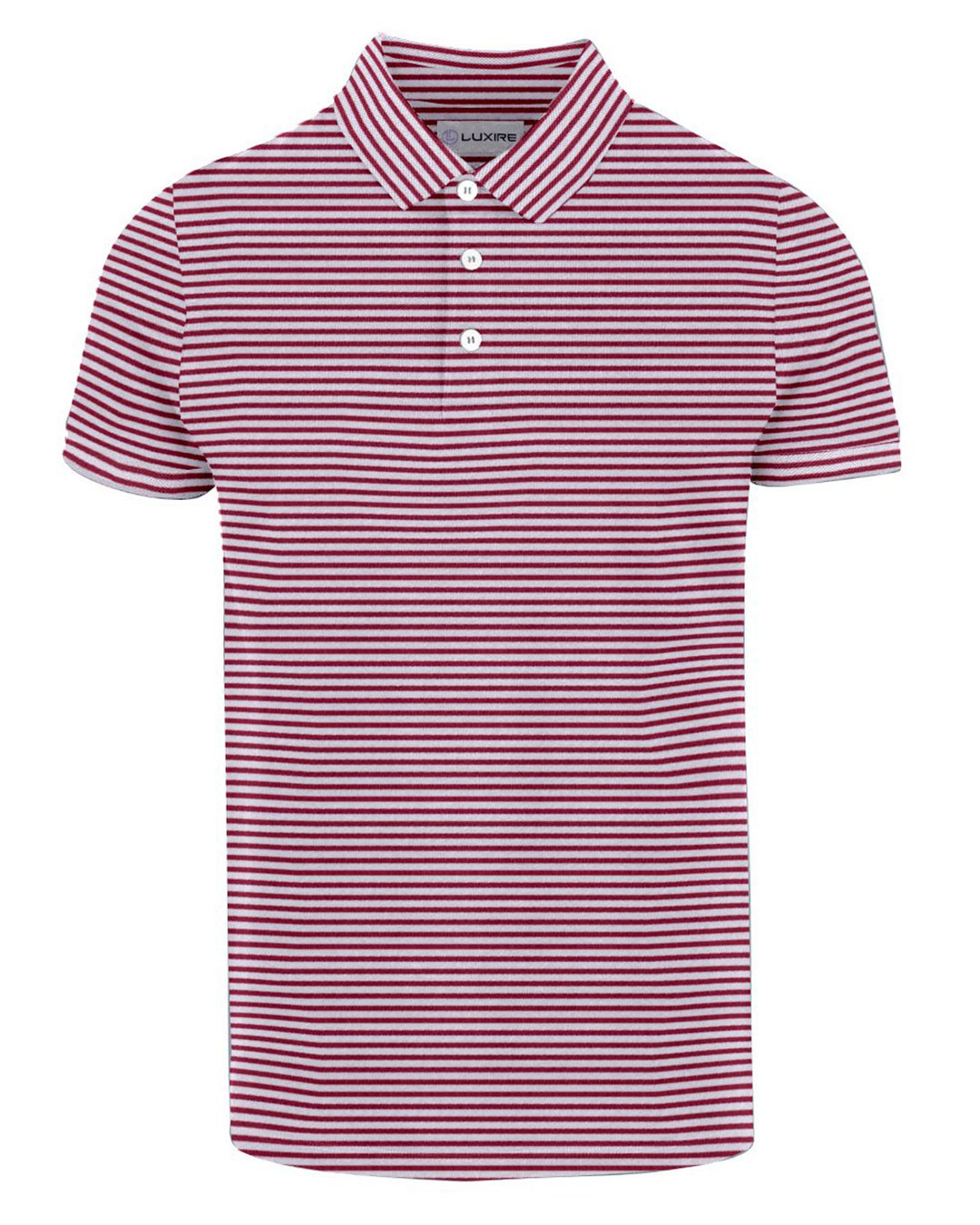 Front of the custom oxford polo shirt for men by Luxire in white with red candy stripes
