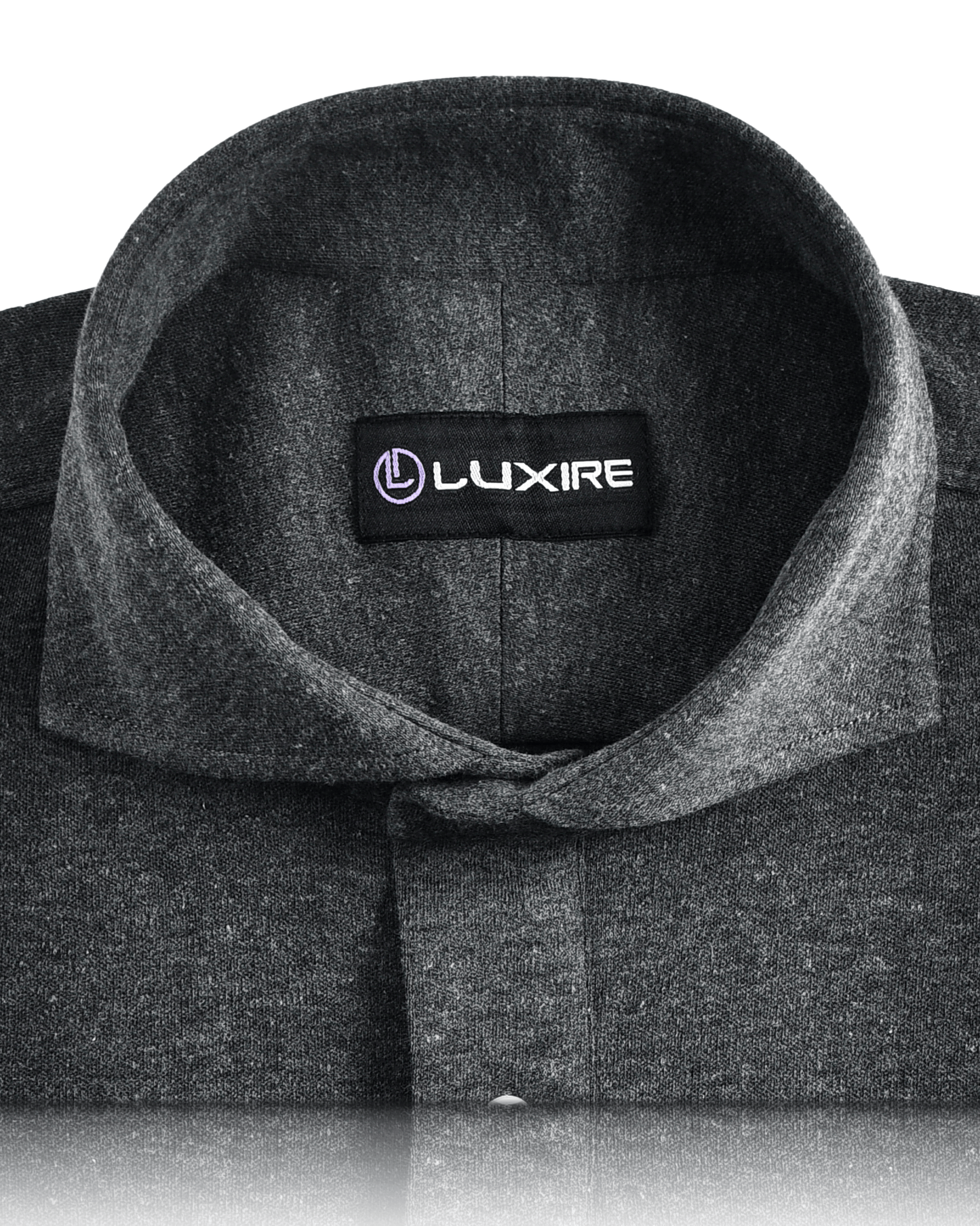 Collar of the custom oxford polo shirt for men by Luxire in soft midnight grey