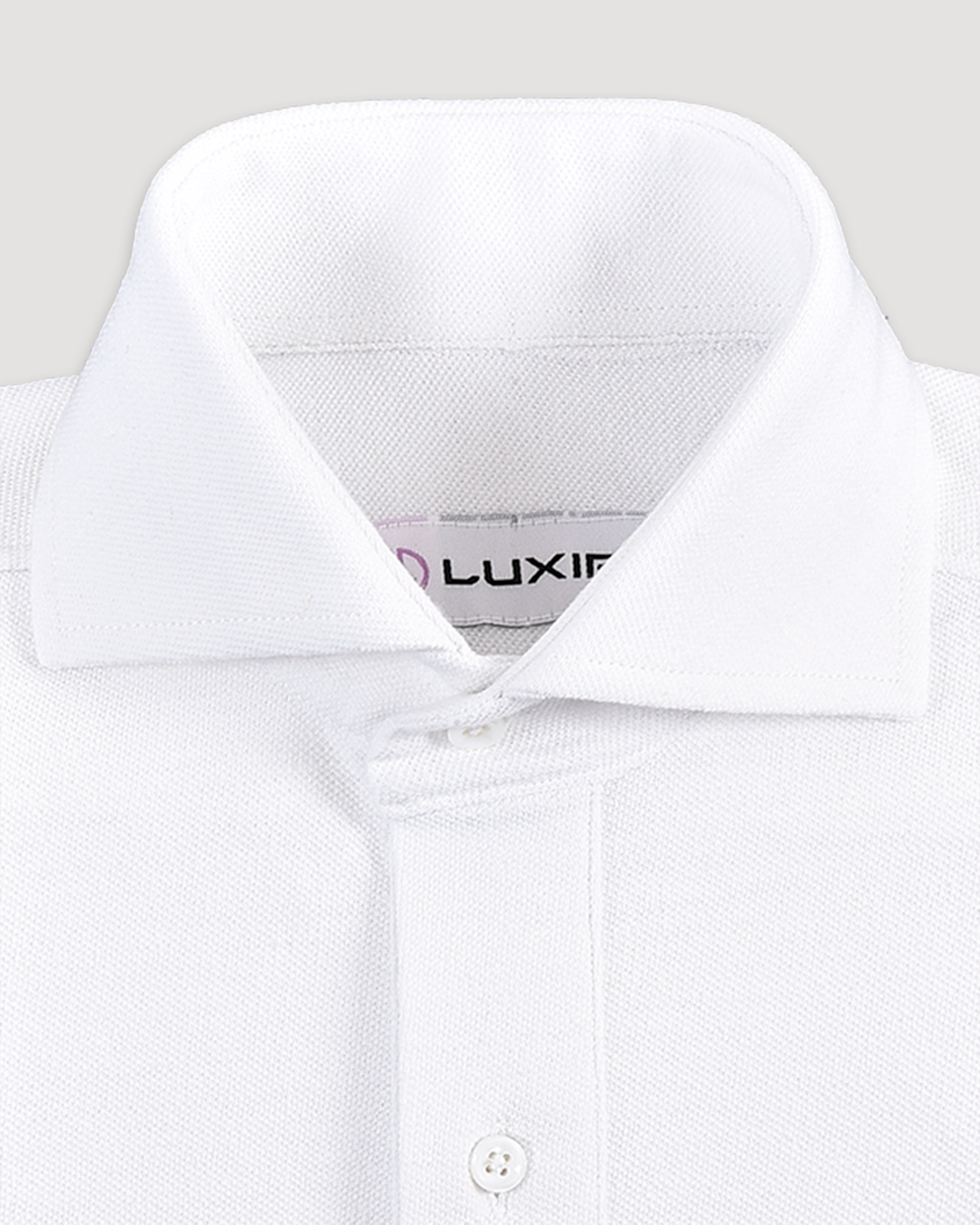 Collar of the custom oxford polo shirt for men by Luxire in pure white