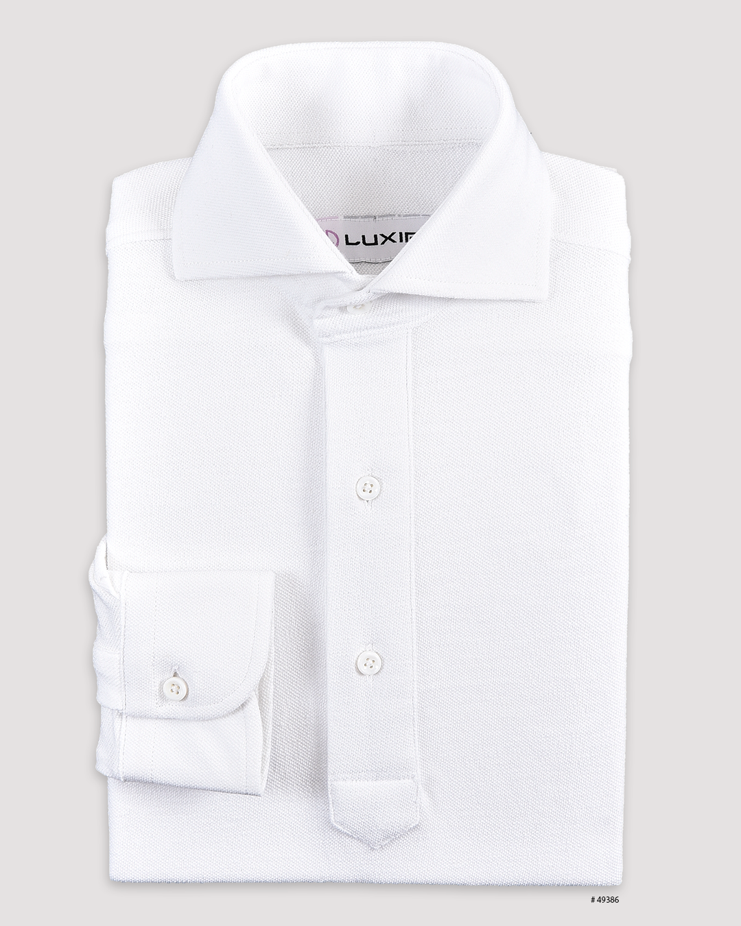 Front of the custom oxford polo shirt for men by Luxire in pure white