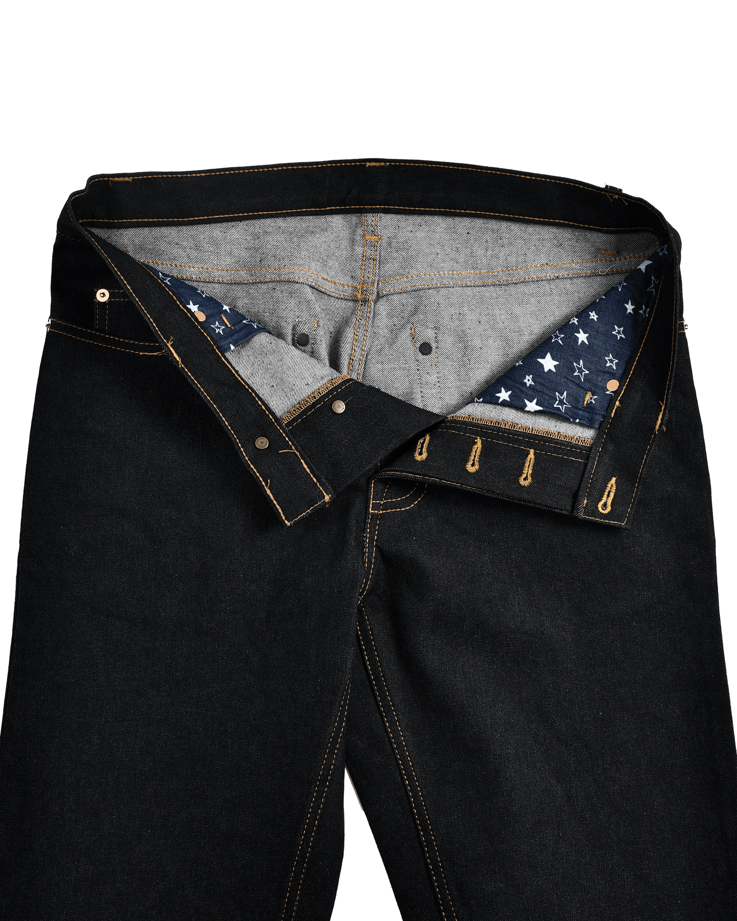 Front open view of raw jeans for men by Luxire in indigo 2
