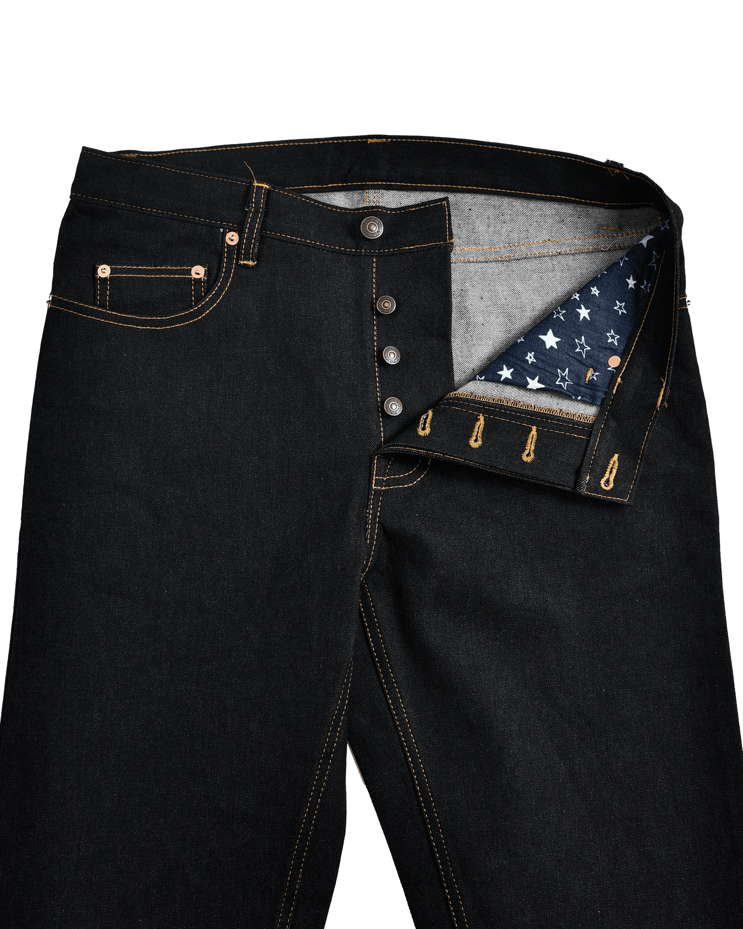 Front open view of raw jeans for men by Luxire in indigo