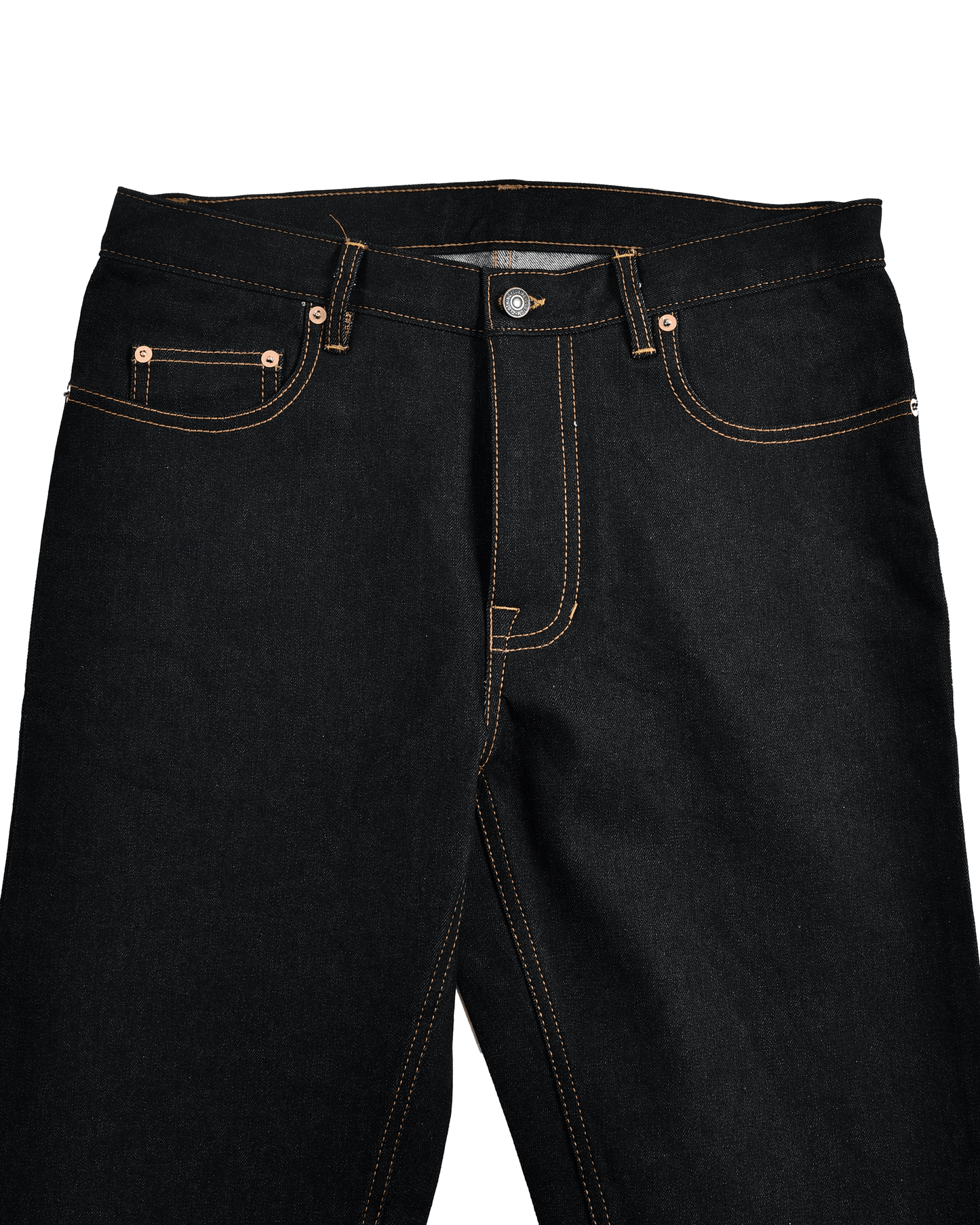 Front view of raw jeans for men by Luxire in indigo