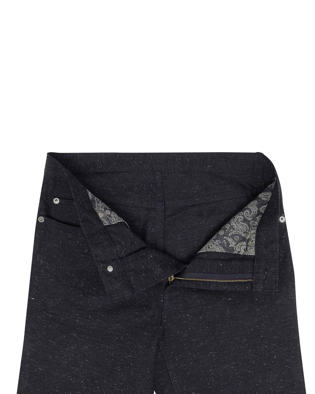 Front open view of slub jeans for men by Luxire in navy