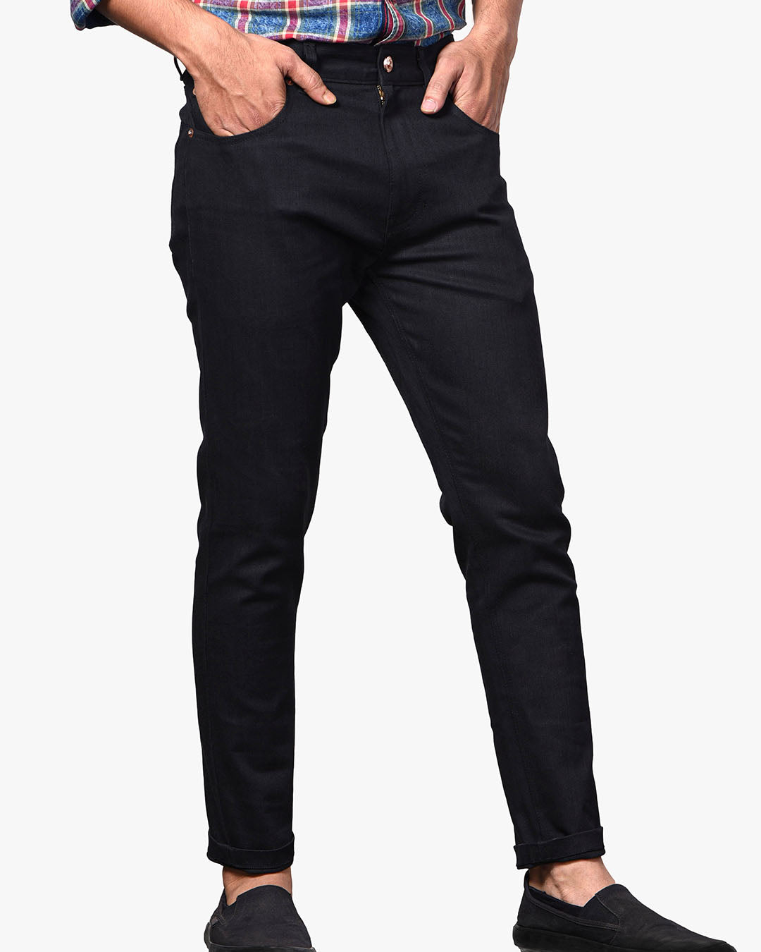 Model wearing stretch jeans for men by Luxire in black