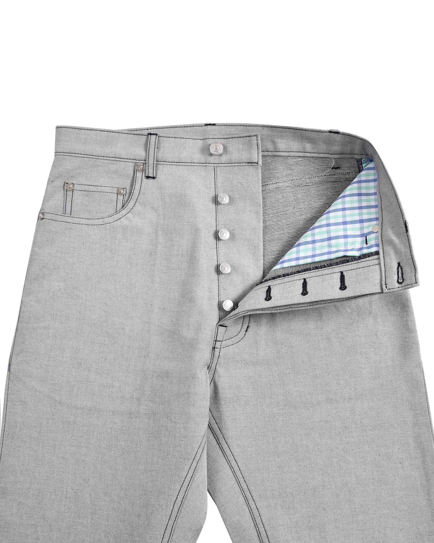 Front open view of stretchable jeans for men by Luxire in grey