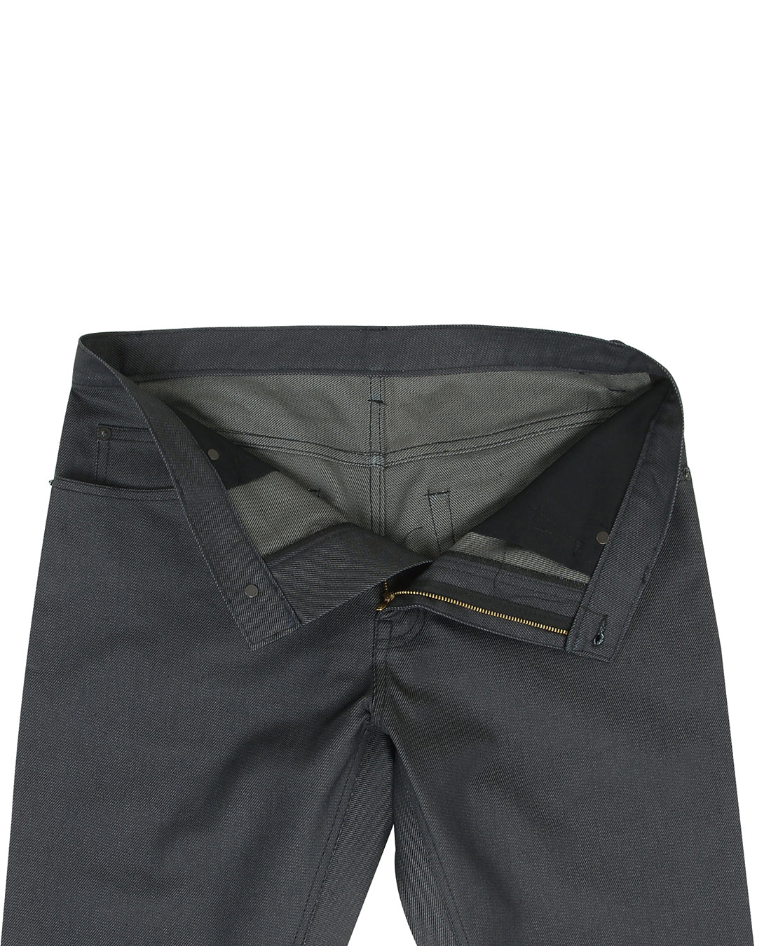 Front open view of custom waxed jeans for men by Luxire in charcoal grey