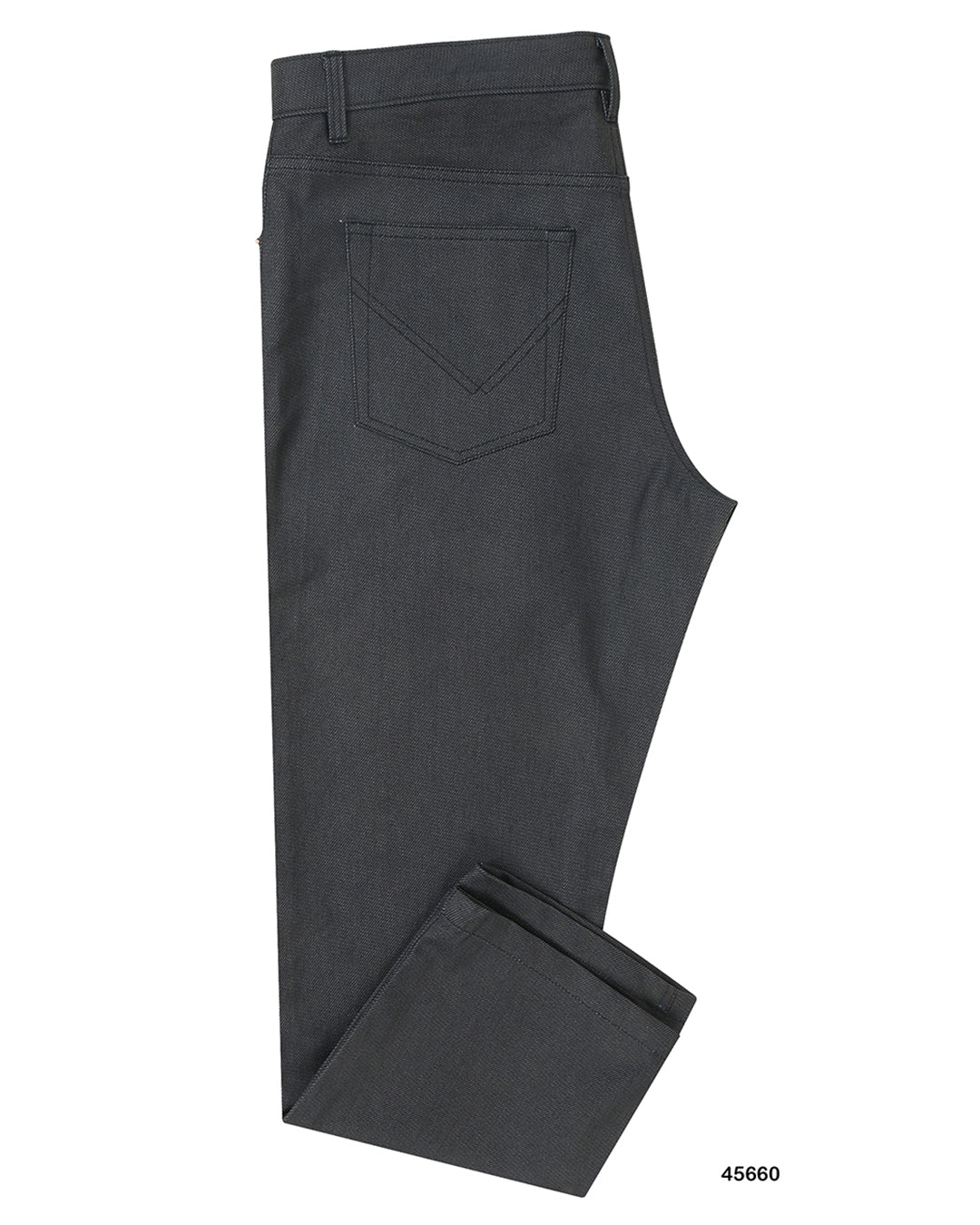 Side view of custom waxed jeans for men by Luxire in charcoal grey