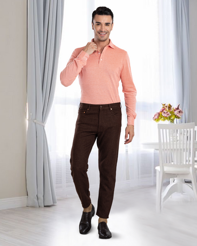 Model wearing mens wool jeans by Luxire in brown 2