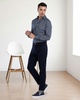 Model wearing mens wool jeans by Luxire in navy 2