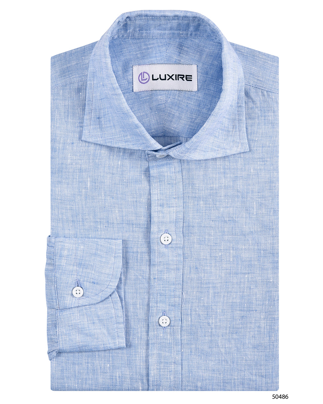 Front of the custom linen shirt for men in 60s light blue by Luxire Clothing