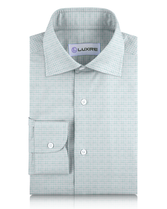 Close up of the custom linen shirt for men in aqua green graph by Luxire Clothing