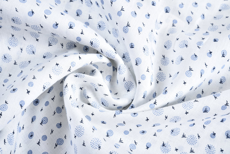 Linen: Blue Printed Birds On White