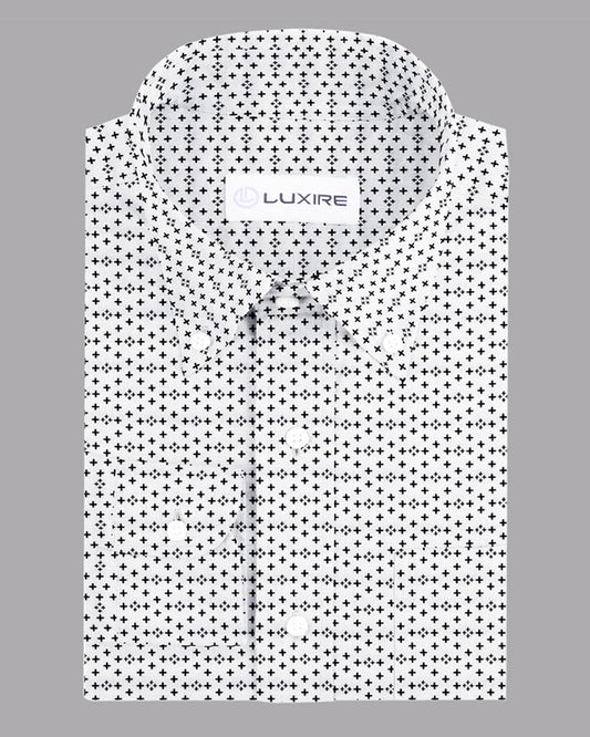 Front view of custom linen shirt for men in black printed positivity