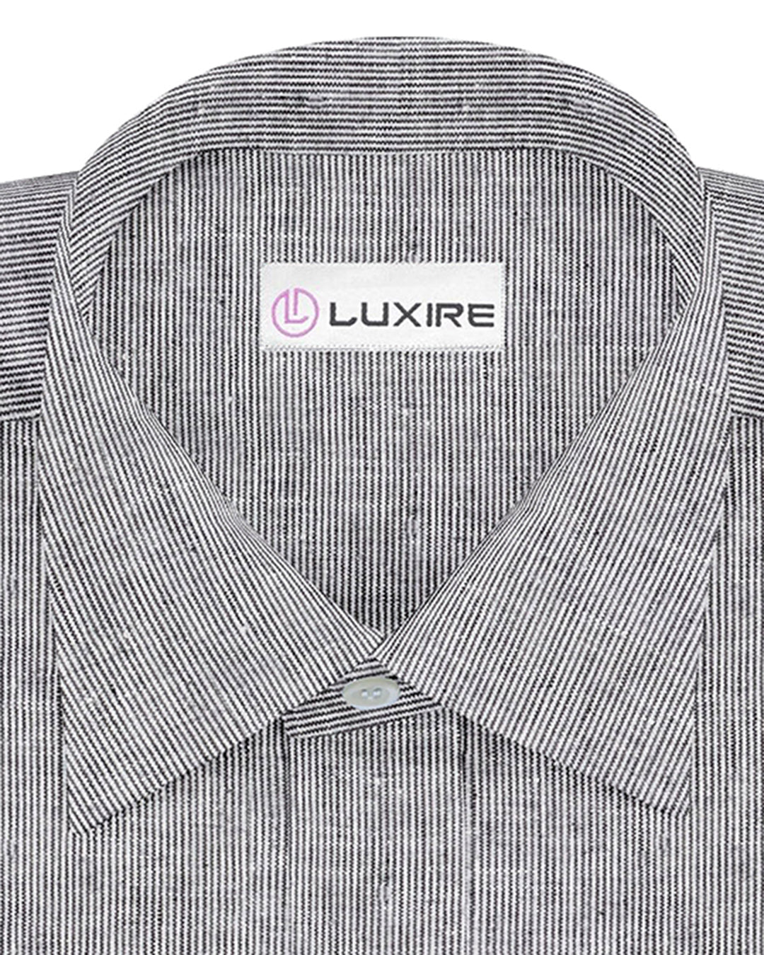 Collar of the custom linen shirt for men in black and white thin stripes by Luxire Clothing