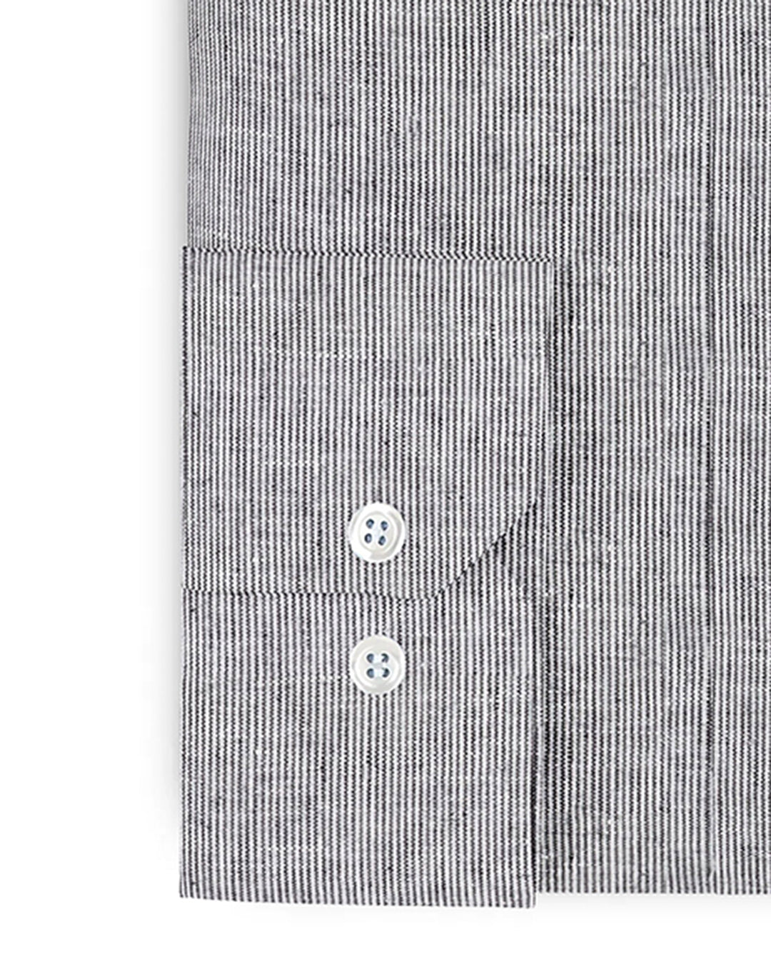 Cuff of the custom linen shirt for men in black and white thin stripes by Luxire Clothing
