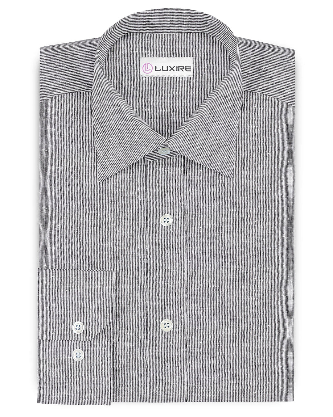 Front of the custom linen shirt for men in black and white thin stripes by Luxire Clothing