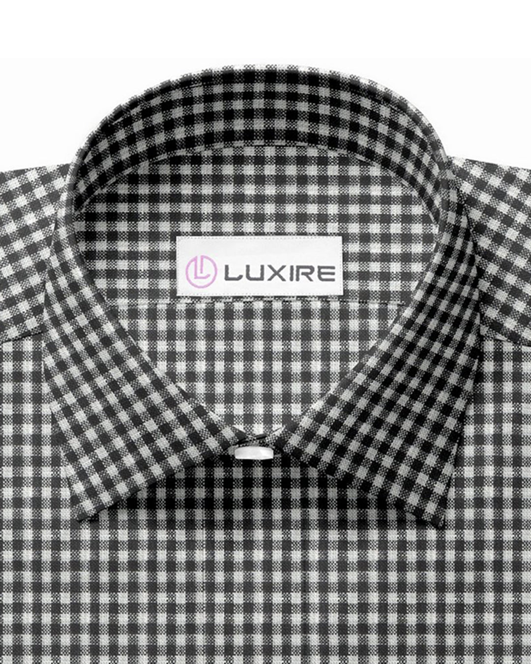 Front close up view of custom linen shirt for men in black and white gingham