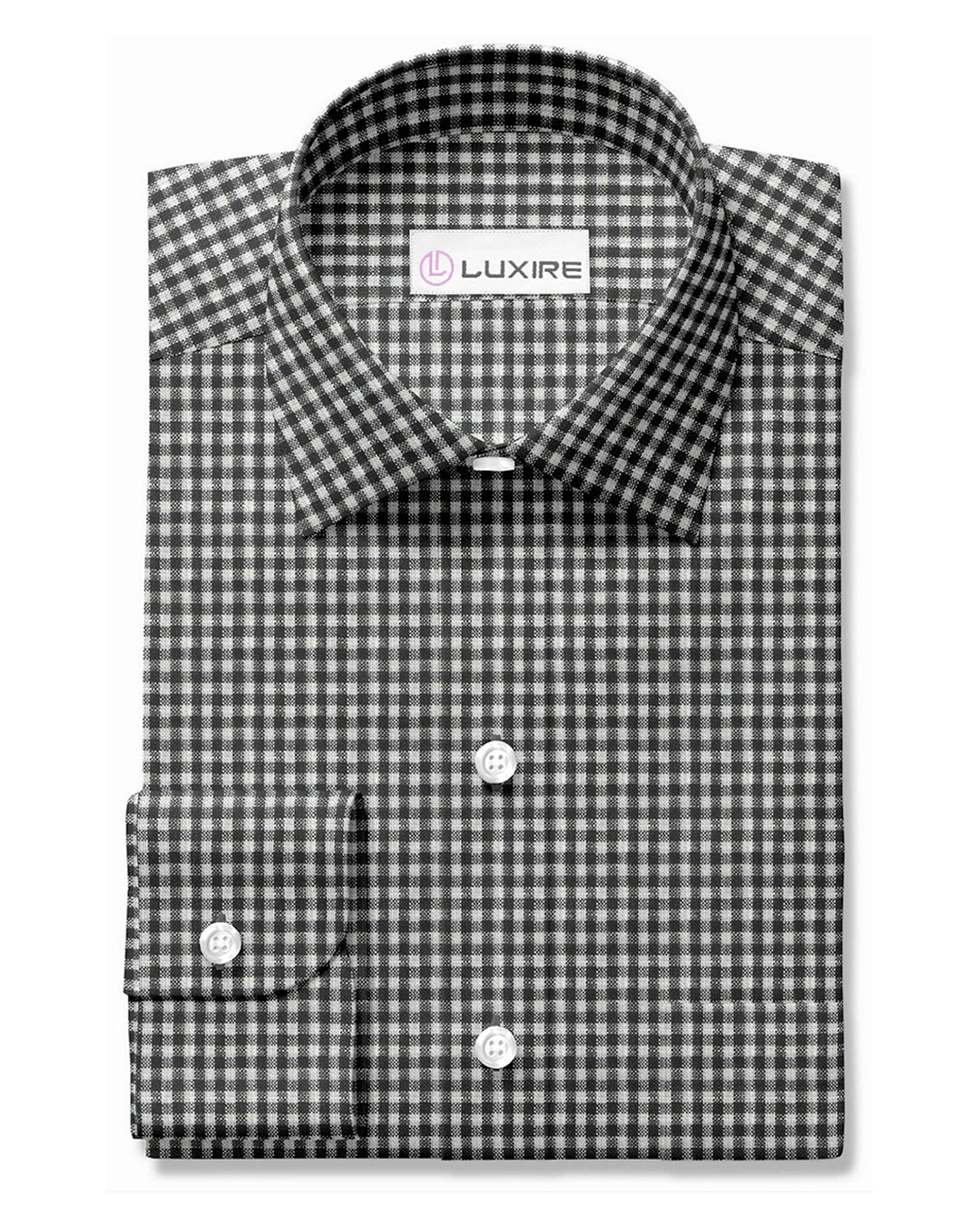 Front view of custom linen shirt for men in black and white gingham