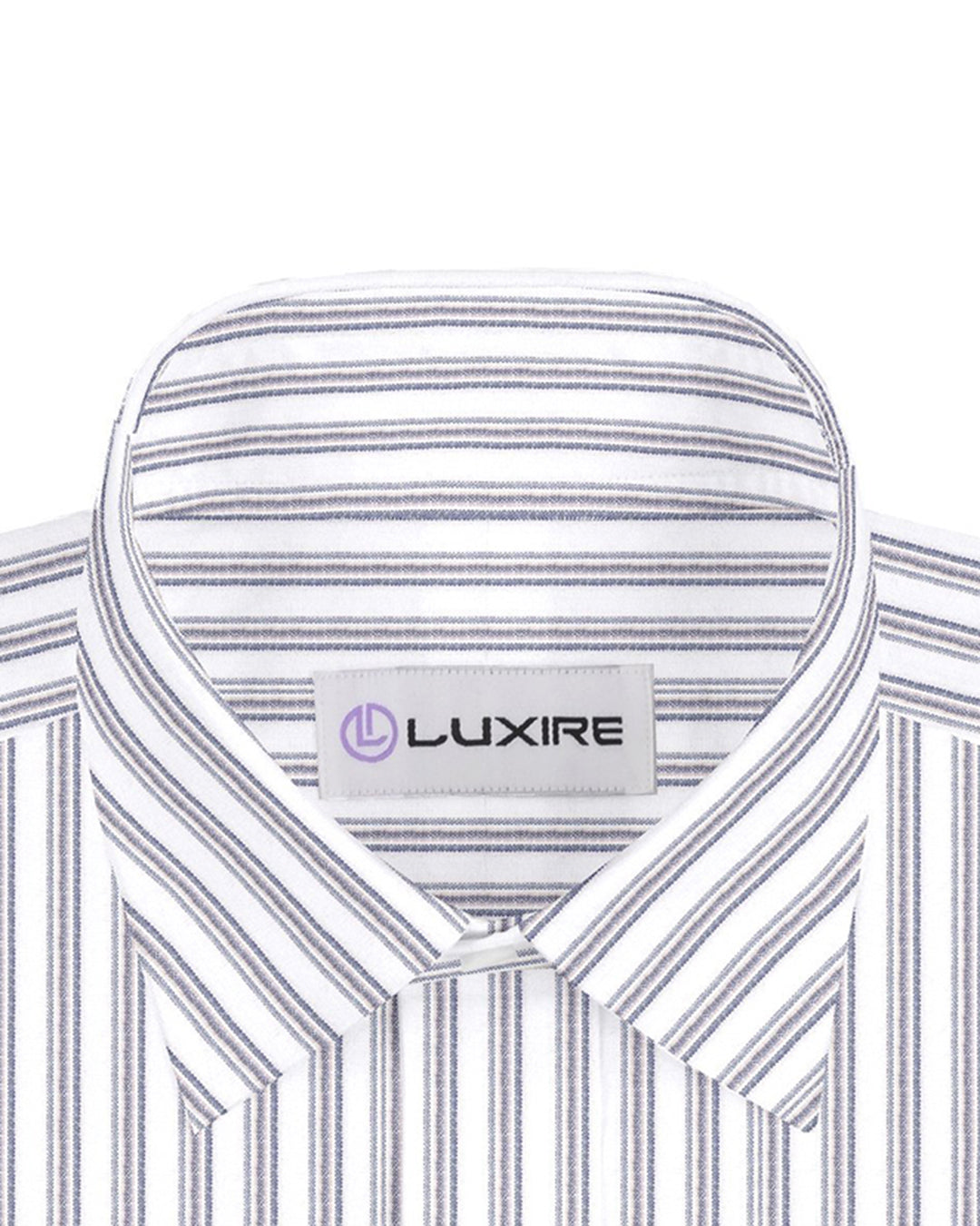 Collar of the custom linen shirt for men in dark blue and beige by Luxire Clothing